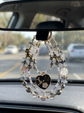 Gold and Iridescent Beaded Charm Bracelet - Heart Pendant